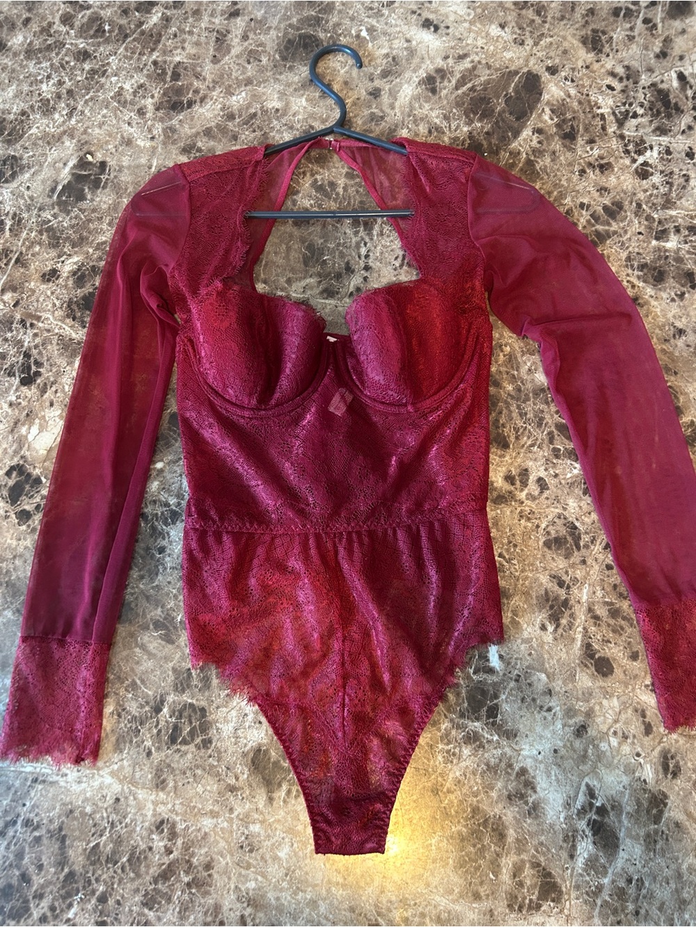 Victoria's Secret Burgundy Lace Long-Sleeve Bodysuit